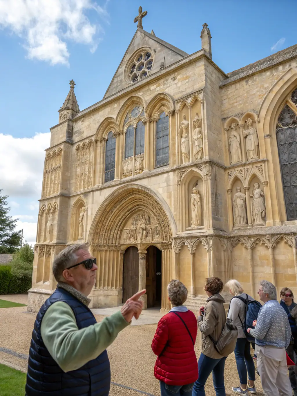 A photograph of a guided tour of the Chapelle Notre Dame de Montgauzy, with a knowledgeable guide explaining the history and significance of the chapel to visitors.