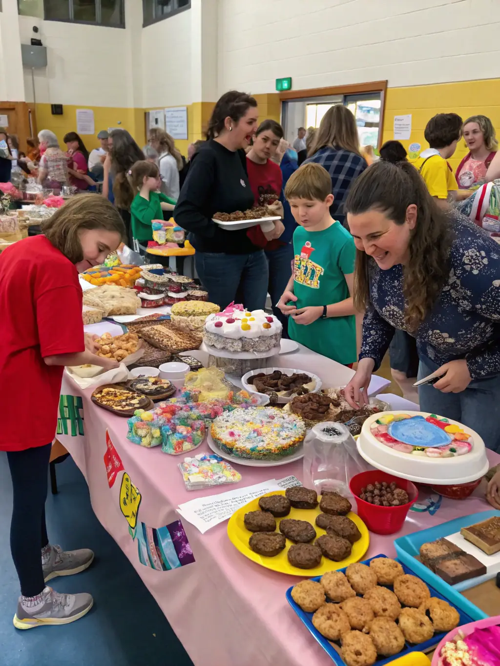 A photograph capturing volunteers participating in a fundraising event at the Chapelle Notre Dame de Montgauzy, with visible banners and donation boxes.