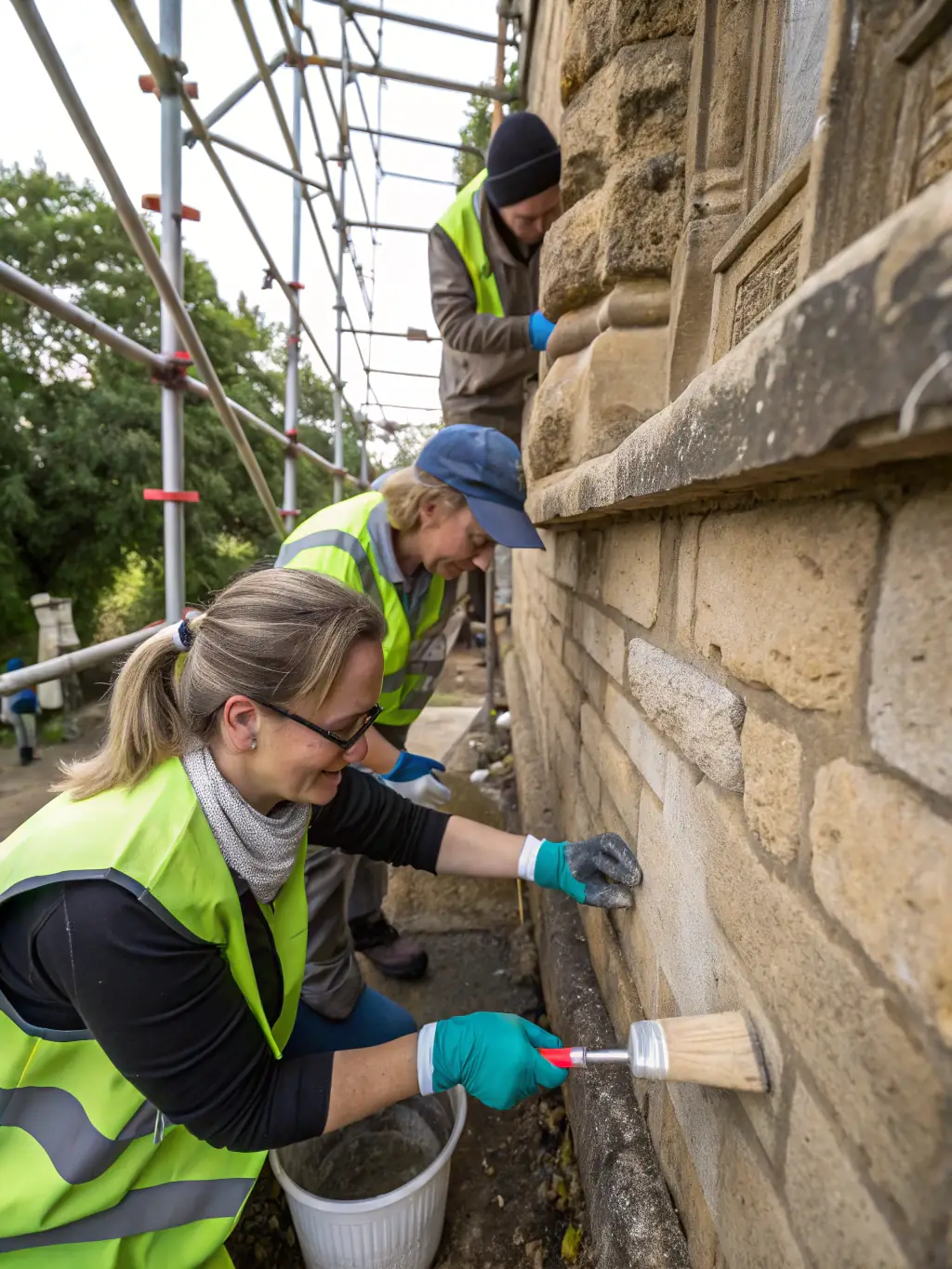 A photograph showing a group of experts working on the restoration of the chapel's facade, with scaffolding and tools visible.