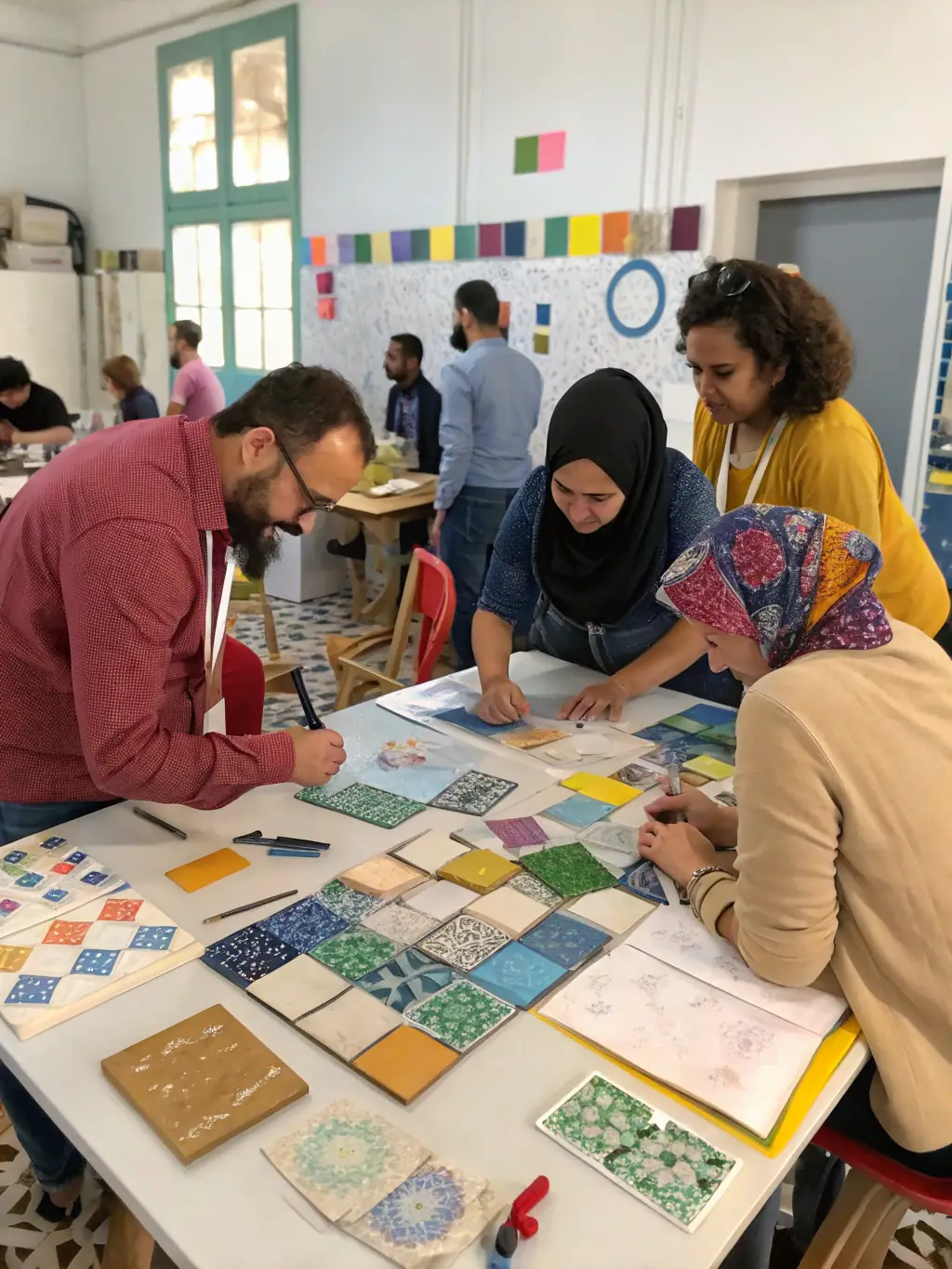 A photograph of a community workshop focused on traditional building techniques, with participants learning about stone masonry and other restoration skills.